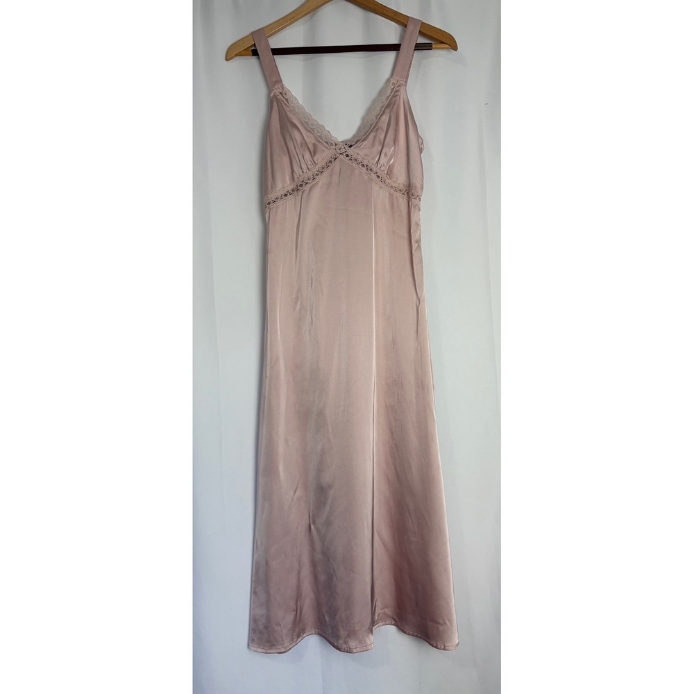 Y2K Babydoll Pink Satin Lace Trim Maxi Slip Dress Small Coquette Soft Romantic